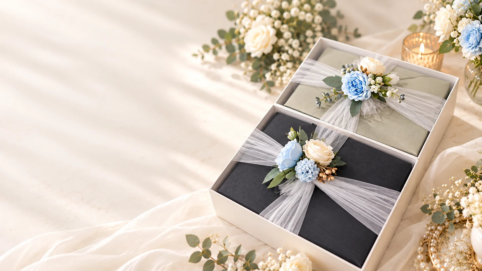 Illustrative wedding gift scene with suit boxes, ivory and soft blue flowers